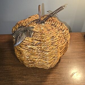 Vintage Wicker Pumpkin with Metal Leaf Accent